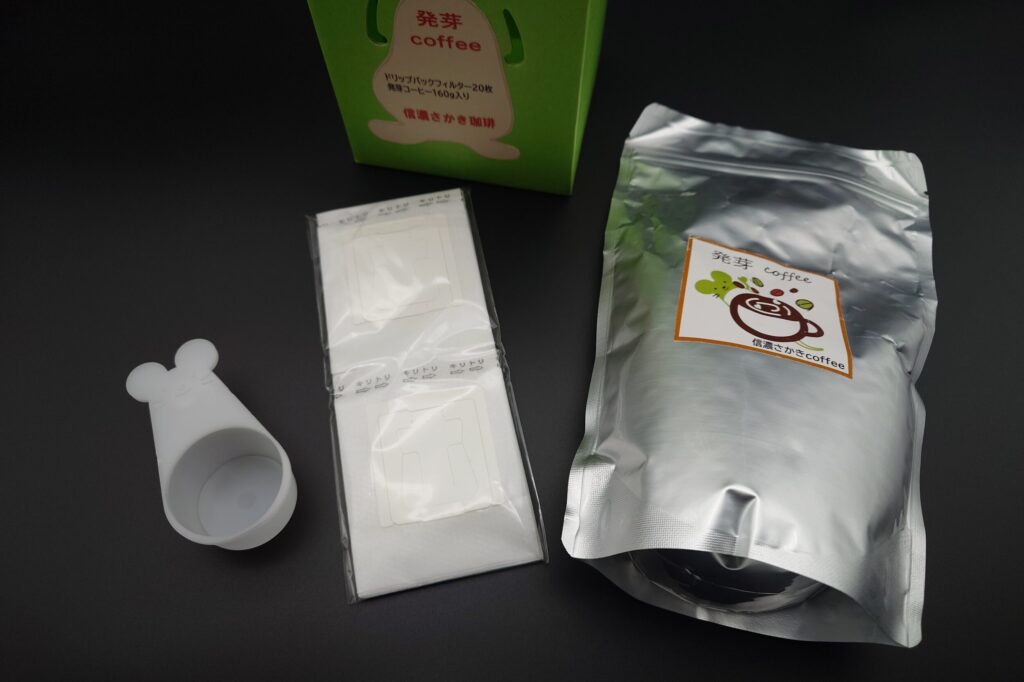 「信濃さかき珈琲」発芽コーヒー160gとドリップパックフィルター20枚とすり切り10g計量ねずこんスプーンセット